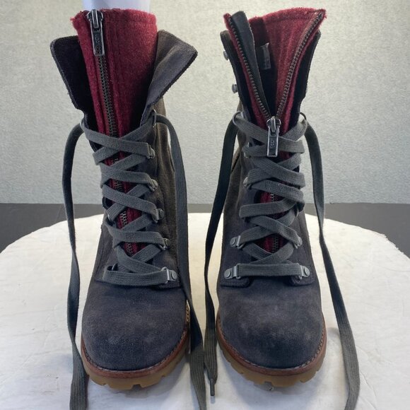 UGG Australia Boots Women sz 8 gray/burgundy zip Lace Up Combat Heel Ladies - Picture 1 of 16